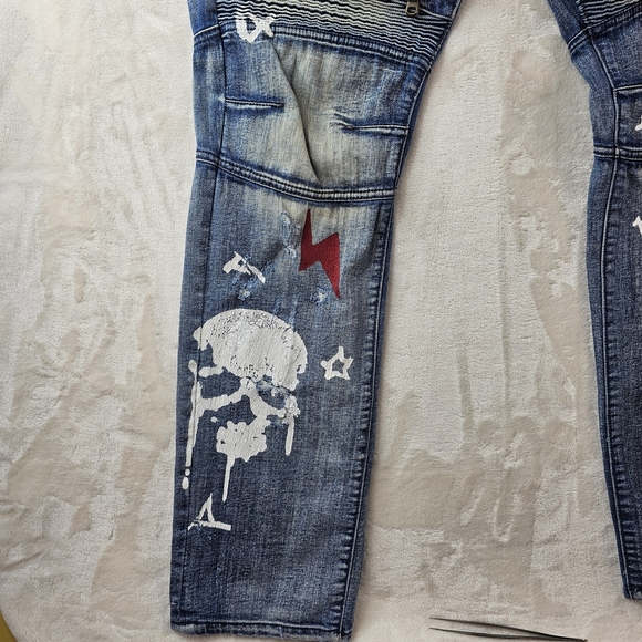 Rockstar Jeans Men's 34 Blue Distressed Denim Graphic Painted Art Graffiti - Picture 2 of 14